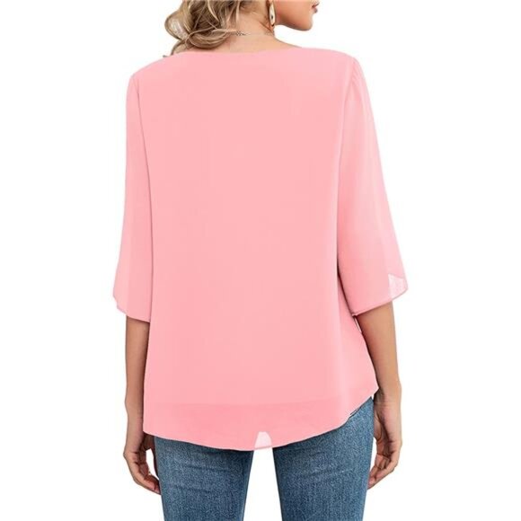 Womens Casual Scoop Neck Loose Top 3/4 Sleeve Chiffon Blouse Shirt Tops - Picture 4 of 5
